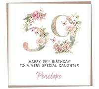 Personalised 59th Birthday Card for Adult Daughter, Luxury Flower & Butterfly Design with Customised Name, Special Milestone Keepsake Gift, Cute Contemporary Handmade Customizable Age 59 Cards