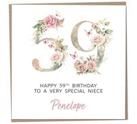Personalised 59th Birthday Card for Adult Niece, Luxury Flower & Butterfly Design with Customised Name, Special Milestone Keepsake Gift, Cute Contemporary Handmade Customizable Age 59 Cards
