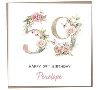 Personalised 59th Birthday Card for Women, Luxury Flower & Butterfly Design with Customised Name, Special Milestone Keepsake Gift, Cute Contemporary Handmade Customizable Age 59 Cards, Glitter Effect