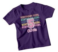 Personalised 5th Birthday Girl Retro Kids T-Shirt Custom Olivia Name Birthday Girl Age Five Fun Childrens Tee 7-8 Years Purple