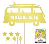 Personalised 60's Camper Surfer Glitter Cake Topper Champagne Any Custom Age & Name Glitter Cake Decoration and Sprinkles - Happy Birthday Decorations - Personalised Toppers for Cakes by Cakeshop
