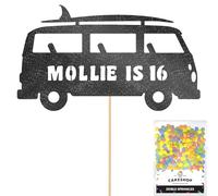 Personalised 60's Camper Surfer Surf Glitter Cake Topper- Black Any Custom Age & Name Glitter Cake Decoration and Sprinkles - Happy Birthday Decorations - Personalised Toppers for Cakes by Cakeshop