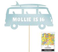 Personalised 60's Camper Surfer Surf Glitter Cake Topper Lt Blue Any Custom Age & Name Glitter Cake Decoration and Sprinkles - Happy Birthday Decorations - Personalised Toppers for Cakes by Cakeshop