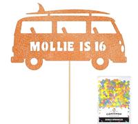 Personalised 60's Camper Surfer Surf Glitter Cake Topper- Orange Any Custom Age & Name Glitter Cake Decoration and Sprinkles - Happy Birthday Decorations - Personalised Toppers for Cakes by Cakeshop