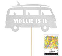 Personalised 60's Camper Surfer Surf Glitter Cake Topper Silver Any Custom Age & Name Glitter Cake Decoration and Sprinkles - Happy Birthday Decorations - Personalised Toppers for Cakes by Cakeshop