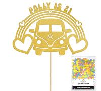 Personalised 60's Camper Van Glitter Cake Topper- Gold Any Custom Age & Name Glitter Cake Decoration and Sprinkles - Happy Birthday Decorations - Personalised Toppers for Cakes by Cakeshop