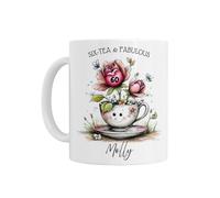 Personalised 60th Birthday Mug, Six-Tea & Fabulous Floral Tea Cup Design, White Ceramic, 60th Birthday Gift for Her
