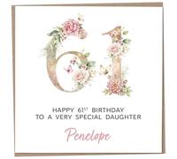Personalised 61st Birthday Card for Adult Daughter, Luxury Flower & Butterfly Design with Customised Name, Special Milestone Keepsake Gift, Cute Contemporary Handmade Customizable Age 61 Cards