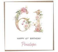 Personalised 61st Birthday Card for Women, Luxury Flower & Butterfly Design with Customised Name, Special Milestone Keepsake Gift, Cute Contemporary Handmade Customizable Age 61 Cards, Glitter Effect