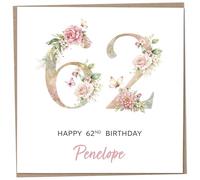 Personalised 62nd Birthday Card for Women, Luxury Flower & Butterfly Design with Customised Name, Special Milestone Keepsake Gift, Cute Contemporary Handmade Customizable Age 62 Cards, Glitter Effect