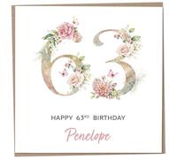 Personalised 63rd Birthday Card for Women, Luxury Flower & Butterfly Design with Customised Name, Special Milestone Keepsake Gift, Cute Contemporary Handmade Customizable Age 63 Cards, Glitter Effect