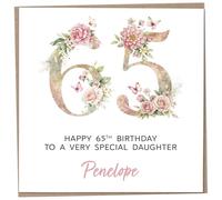 Personalised 65th Birthday Card for Adult Daughter, Luxury Flower & Butterfly Design with Customised Name, Special Milestone Keepsake Gift, Cute Contemporary Handmade Customizable Age 65 Cards