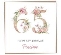Personalised 65th Birthday Card for Women, Luxury Flower & Butterfly Design with Customised Name, Special Milestone Keepsake Gift, Cute Contemporary Handmade Customizable Age 65 Cards, Glitter Effect