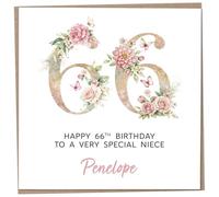 Personalised 66th Birthday Card for Adult Niece, Luxury Flower & Butterfly Design with Customised Name, Special Milestone Keepsake Gift, Cute Contemporary Handmade Customizable Age 66 Cards
