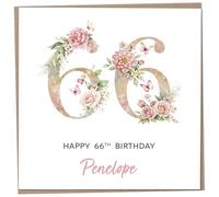 Personalised 66th Birthday Card for Women, Luxury Flower & Butterfly Design with Customised Name, Special Milestone Keepsake Gift, Cute Contemporary Handmade Customizable Age 66 Cards, Glitter Effect