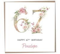 Personalised 67th Birthday Card for Women, Luxury Flower & Butterfly Design with Customised Name, Special Milestone Keepsake Gift, Cute Contemporary Handmade Customizable Age 67 Cards, Glitter Effect