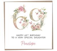 Personalised 69th Birthday Card for Adult Daughter, Luxury Flower & Butterfly Design with Customised Name, Special Milestone Keepsake Gift, Cute Contemporary Handmade Customizable Age 69 Cards