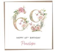 Personalised 69th Birthday Card for Women, Luxury Flower & Butterfly Design with Customised Name, Special Milestone Keepsake Gift, Cute Contemporary Handmade Customizable Age 69 Cards, Glitter Effect