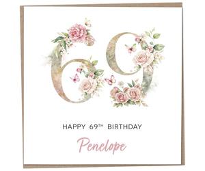 Personalised 69th Birthday Card for Women, Luxury Flower & Butterfly Design with Customised Name, Special Milestone Keepsake Gift, Cute Contemporary Handmade Customizable Age 69 Cards, Glitter Effect
