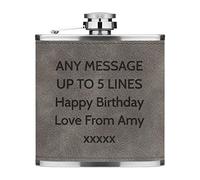 Personalised 6oz PU Leather Hip Flask Grey Custom Any Message Text Name Premium Quality