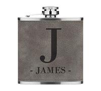 Personalised 6oz PU Leather Hip Flask Grey Custom Big Letter & Name Initials Premium Quality