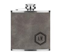 Personalised 6oz PU Leather Hip Flask Grey Custom Initials Name Standard Hexagon Premium Quality