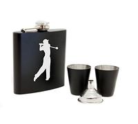 Personalised 6oz Stainless Steel Gloss Finish Hip flask with Two Shot Cups and Funnel, Gift Boxed, Laser Engraved Golf Logo (Black)