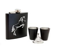 Personalised 6oz Stainless Steel Gloss Finish Hip Flask with Two Shot Cups, Funnel and Gift Box, Laser Engraved Horse Logo (Black)