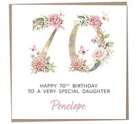 Personalised 70th Birthday Card for Adult Daughter, Luxury Flower & Butterfly Design with Customised Name, Special Milestone Keepsake Gift, Cute Contemporary Handmade Customizable Age 70 Cards