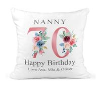 Personalised 70th Birthday Cushion with Insert - Floral Number Seventy with Names Gift - 40cm x 40cm - 100% Polyester