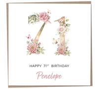 Personalised 71st Birthday Card for Women, Luxury Flower & Butterfly Design with Customised Name, Special Milestone Keepsake Gift, Cute Contemporary Handmade Customizable Age 71 Cards, Glitter Effect