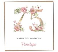 Personalised 75th Birthday Card for Women, Luxury Flower & Butterfly Design with Customised Name, Special Milestone Keepsake Gift, Cute Contemporary Handmade Customizable Age 75 Cards, Glitter Effect