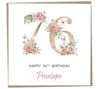 Personalised 76th Birthday Card for Women, Luxury Flower & Butterfly Design with Customised Name, Special Milestone Keepsake Gift, Cute Contemporary Handmade Customizable Age 76 Cards, Glitter Effect