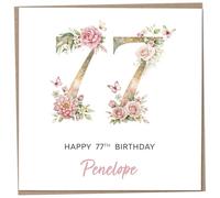 Personalised 77th Birthday Card for Women, Luxury Flower & Butterfly Design with Customised Name, Special Milestone Keepsake Gift, Cute Contemporary Handmade Customizable Age 77 Cards, Glitter Effect
