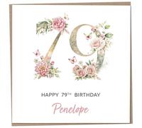 Personalised 79th Birthday Card for Women, Luxury Flower & Butterfly Design with Customised Name, Special Milestone Keepsake Gift, Cute Contemporary Handmade Customizable Age 79 Cards, Glitter Effect