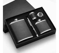 Personalised 8 oz + 3 oz Black Leather Hip Flask Set with Shot Cup, Stainless Steel, Signature Pen, Funnel - Men's & Father's Day Gifts