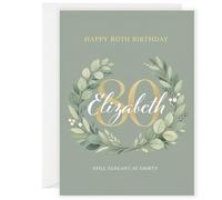 Personalised 80th Birthday Card for Her - Custom Name Birthday Card - Elegant 80th Birthday Card - Floral Wreath Card - A5 Premium Greeting Card