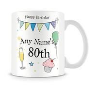 Personalised 80th Birthday Mug for Men, Colourful Keepsake Cup | 80th birthday gifts for men - grandad or dad - colourful bunting and balloon keepsake