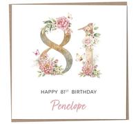 Personalised 81st Birthday Card for Women, Luxury Flower & Butterfly Design with Customised Name, Special Milestone Keepsake Gift, Cute Contemporary Handmade Customizable Age 81 Cards, Glitter Effect