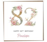 Personalised 82nd Birthday Card for Women, Luxury Flower & Butterfly Design with Customised Name, Special Milestone Keepsake Gift, Cute Contemporary Handmade Customizable Age 82 Cards, Glitter Effect