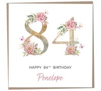 Personalised 84th Birthday Card for Women, Luxury Flower & Butterfly Design with Customised Name, Special Milestone Keepsake Gift, Cute Contemporary Handmade Customizable Age 84 Cards, Glitter Effect