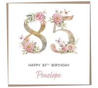 Personalised 85th Birthday Card for Women, Luxury Flower & Butterfly Design with Customised Name, Special Milestone Keepsake Gift, Cute Contemporary Handmade Customizable Age 85 Cards, Glitter Effect