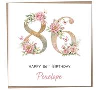 Personalised 86th Birthday Card for Women, Luxury Flower & Butterfly Design with Customised Name, Special Milestone Keepsake Gift, Cute Contemporary Handmade Customizable Age 86 Cards, Glitter Effect