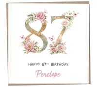 Personalised 87th Birthday Card for Women, Luxury Flower & Butterfly Design with Customised Name, Special Milestone Keepsake Gift, Cute Contemporary Handmade Customizable Age 87 Cards, Glitter Effect