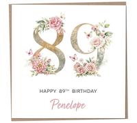 Personalised 89th Birthday Card for Women, Luxury Flower & Butterfly Design with Customised Name, Special Milestone Keepsake Gift, Cute Contemporary Handmade Customizable Age 89 Cards, Glitter Effect