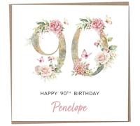 Personalised 90th Birthday Card for Women, Luxury Flower & Butterfly Design with Customised Name, Special Milestone Keepsake Gift, Cute Contemporary Handmade Customizable Age 90 Cards, Glitter Effect