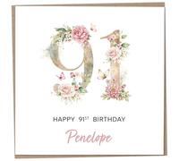 Personalised 91st Birthday Card for Women, Luxury Flower & Butterfly Design with Customised Name, Special Milestone Keepsake Gift, Cute Contemporary Handmade Customizable Age 91 Cards, Glitter Effect