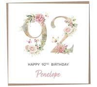 Personalised 92nd Birthday Card for Women, Luxury Flower & Butterfly Design with Customised Name, Special Milestone Keepsake Gift, Cute Contemporary Handmade Customizable Age 92 Cards, Glitter Effect