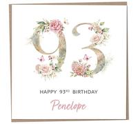 Personalised 93rd Birthday Card for Women, Luxury Flower & Butterfly Design with Customised Name, Special Milestone Keepsake Gift, Cute Contemporary Handmade Customizable Age 93 Cards, Glitter Effect