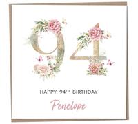 Personalised 94th Birthday Card for Women, Luxury Flower & Butterfly Design with Customised Name, Special Milestone Keepsake Gift, Cute Contemporary Handmade Customizable Age 94 Cards, Glitter Effect